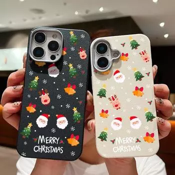 Чехол с текстурой кожи для iPhone 16 15 Pro 14 13 12 11 Pro Max Xs Max Xr 8 7 6 Plus с рисунком Санта-Клауса и лося, противоударный, мягкий, из ТПУ, тонкий чехол iPhone 16 бежевый