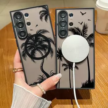 Чехол с рисунком кокосовой пальмы для iPhone 15 14 Pro Max 13 Mini 7 8 12 11 SE Samsung A34 A24 A55 S23 S22 S21FE Мягкий чехол с магнитной беспроводной зарядкой iPhone 15 чёрный