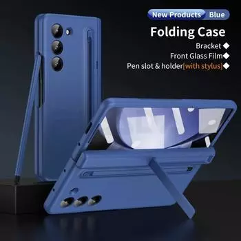 Чехол Skin Feel Matte для Samsung Galaxy Z Fold 6 5 4 3 с закаленной пленкой, слотом для ручки, конденсатором, складной шарнирной крышкой-кронштейном for Galaxy Z Fold 3&case with touch pen белый