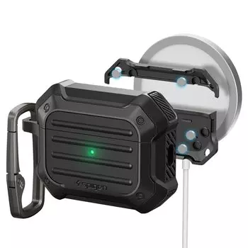 Чехол Spigen Airpods Pro2, стандарт MIL, трехслойная структура, ударопрочный, совместим с беспроводной зарядкой, в комплект входит кольцо-карабин, амортизация чёрный