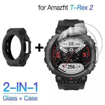 Чехол + стекло для Amazfit T-Rex 2 Защитная пленка для экрана из закаленного стекла и мягкий защитный бампер T-Rex 2 Аксессуары для чехла Rex2 Amazfit T-Rex 2 зелёный