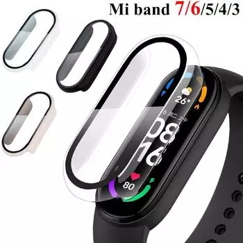 Чехол + стекло для Xiaomi Mi Band 7 6, аксессуары, чехол + пленка, защитный чехол с полным покрытием Miband 7 6 5 4 3, защитная пленка для экрана Mi Band Case mi band 3 4 чёрный