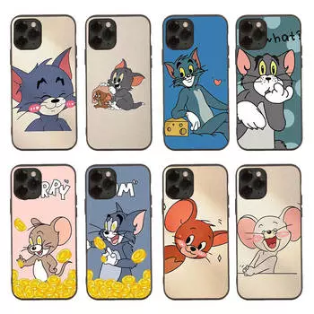 Чехол T-95 Cute Tom Jerry Cat Black Sofe для iPhone 16 15 Plus 14 13 Mini 12 11 Pro 8 6 6S SE 5 XR XS Max Realme C30 C33 C32 9I VIVO V29 V27 V23 Y36 Huawei Y9S эбеновый