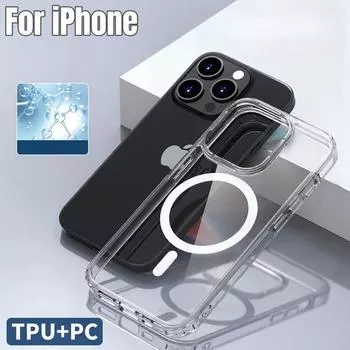 Чехол TPU+PC для iPhone 16 15 Pro Max 14 Plus 13 Прозрачный магнитный беспроводной зарядный противоударный прозрачный чехол для iPhone 15pro iPhone X/XS чистый