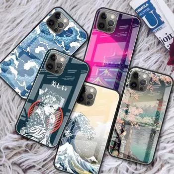 Чехол в японском стиле Art Japan Glass для iPhone 11 13 12 Pro XR X XS Max 7 8 6 6S Plus SE 2020, чехлы для телефонов с закаленным черным краем iPhone 14