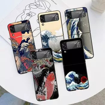 Чехол Wave Art японский зеленый Illust для Samsung Galaxy Z Flip 3 5G ZFlip ZFlip3 Z Flip 4 ZFlip4 Жесткий ПК Роскошные чехлы Funda Samsung Z Flip 5G