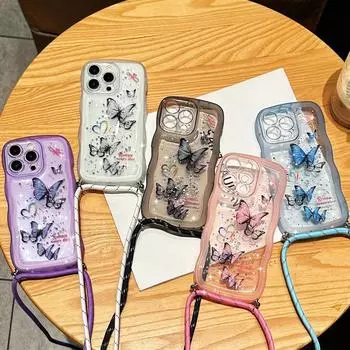Чехол Wave Frame для iPhone 16 Plus 15 14 13 12 Pro Max 11 Butterfly Drop Glue с ремешком через плечо Тонкий мягкий противоударный чехол из ТПУ с защитой от падений iPhone 15 чёрный