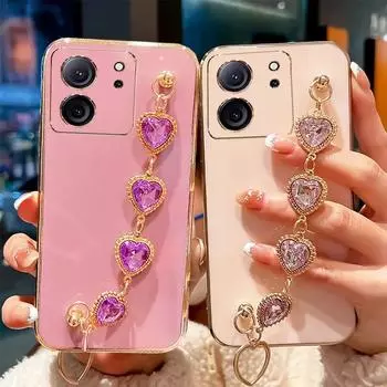 Чехол Xiaom 13T, роскошный силиконовый чехол с браслетом и цепочкой с бриллиантами для Xiaomi 13T 12T 11T 14 13 12 Pro Lite Redmi13C противоударный Ase xiaomi 13T бежевый