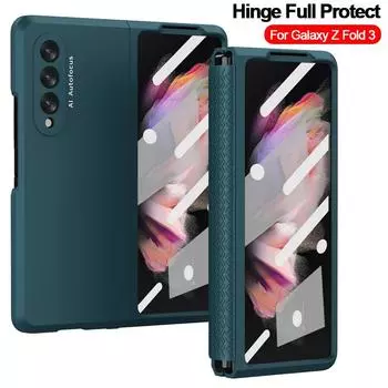 Чехол Z Fold 3 на петлях со стеклянной пленкой на передний экран для Samsung Galaxy Z Fold 3 2 5g, чехол с полной защитой, пластиковый жесткий чехол For Samsung Z Fold 3 чёрный