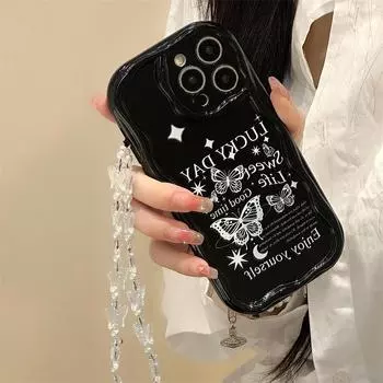 Чехол Zhitai для iPhone 12/13/14/15/16 Pro Max с кремовым узором и цепочкой для телефона iPhone 15 Pro