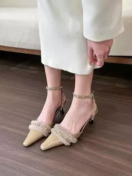 Чейни Браун! Spice Girl Mao Mao остроконечные высокие каблуки женские весенние новые пустые сандалии с сумкой на голове 35 хаки