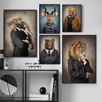 Человеческое тело, голова животного, абстрактная настенная художественная печать, Жираф, медведь, лев, холст, картина, скандинавский плакат, декор, фотографии для гостиной, без рамки 21*30cm