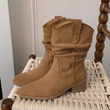 Chelsea Ankle Women Boots Mid Heels Pointed Toe Shoes Winter Brand 2025 New Goth Gladiator Suede Chunky Shoes Pumps Botas Mujer 35 чёрный