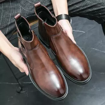 Chelsea Men Boot PU Double Belt Buckle Low Heel Side Zipper Comfortable Classic Business Formal Men Boot Large Size 39-46 39