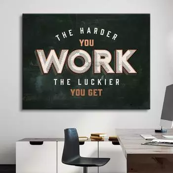 Чем усерднее работаешь, тем удачливее становишься - Вдохновляющие цитаты для офиса Настенное искусство на холсте Черно-белые позитивные аффирмации Декор для стен 20x30cm