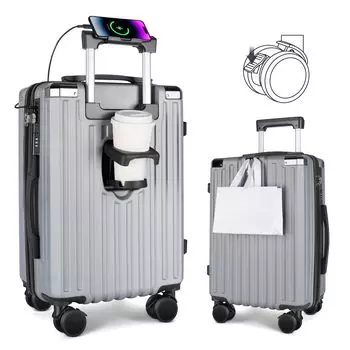 Чемодан, чехол для переноски, сумка для переноски, ударопрочный, большой емкости, сверхлегкий, бесшумный, с функцией тормоза, двойные ролики, порт USB, подстаканник, скрытый крючок, 360 градусов