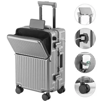 Чемодан, чехол для переноски, верхняя часть открыта, USB-зарядка, многофункциональная алюминиевая рама, замок TSA, двойные ролики, модная новая модель, маленькая [GGQAAA] (Серый 55,