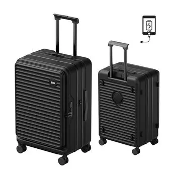 Чемодан с функцией расширения, одинарный, открытый спереди, легкий, большие ролики, сумка для переноски, USB-порт, подстаканник, замок TSA для путешествий, черный