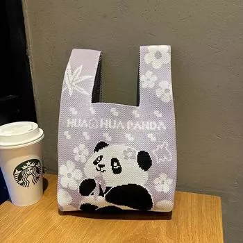 Chengdu Panda Grandpa New Arrival Knitted Bags Girls Bag Woven Handbag Wide and Narrow Alley Peripheral Gift Purple Flower Panda (In Stock Quick Hair)