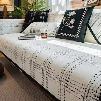 Chenille Sofa Cover Solid Color Square Grid Sofa Cover Black Edge Washable Anti-Slip Slipcover Stain Resistant Sofa Cushion 70x70