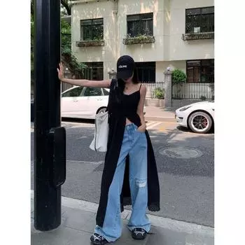 Chenmi Fan Black Camisole Dress Loose Cardigan Black(In stock) L