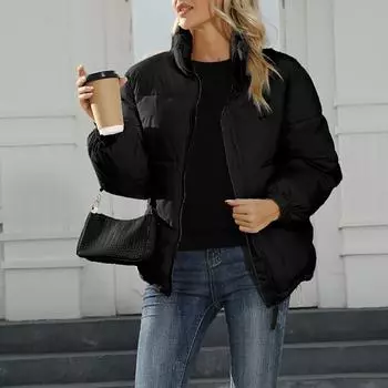 Chenqingyi женская модная повседневная однотонная хлопковая куртка на молнии с длинным рукавом S чёрный