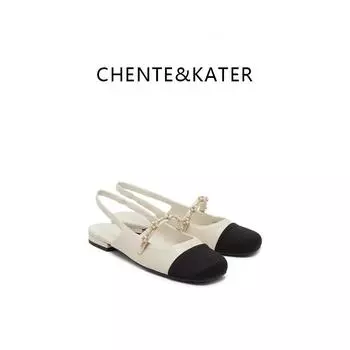 CHENTE & KATER Mary Jane shoes women s summer square head small fragrant style splicing color temperament flat bottom bag head sandals thick heel 34 абрикосовый