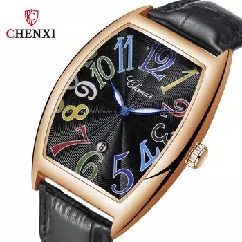 Chenxi Часы для мужчин с кожаным ремешком, роскошные модные светящиеся часы, кварцевые часы с календарем, водонепроницаемые наручные часы для мужчин серебряный/чёрный