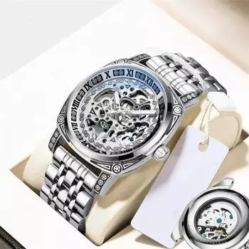 Chenxi Полые натуральная кожа водонепроницаемые светящиеся наручные часы ретро резные скелетон мужские часы роскошные винтажные автоматические механические часы золотой/чёрный