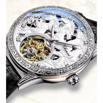Chenxi Мужские роскошные наручные часы с турбийоном, серебряные, модные, дизайнерские, с изображением лошади, автоматические механические часы с кожаным ремешком серебряный
