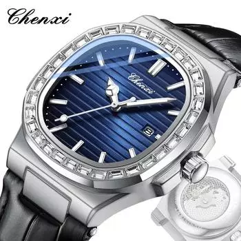 Chenxi Men Watch Luxury Waterproof Luminous Leather Watches Sport Quartz Clock Transparent Bottom Date Business Wristwatch синий