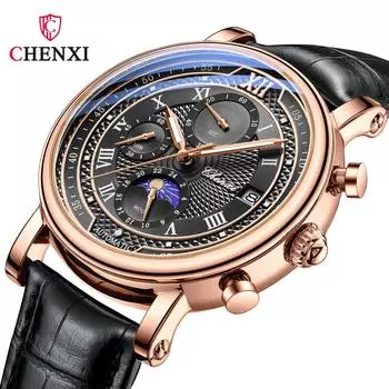 Chenxi Многофункциональные часы True Three Eyes Six Needle Moonlight Calendar Fashion Business Quartz Leather Watch для мужчин синий/серебряный