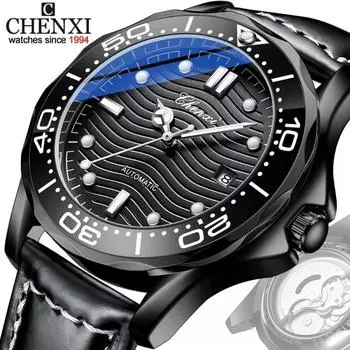 CHENXI модные автоматические часы лучший бренд мужские кварцевые часы дата водостойкие светящиеся механические наручные часы с кожаным ремешком чёрный