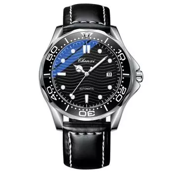 CHENXI модные автоматические кварцевые часы с датой, водонепроницаемые светящиеся механические наручные часы с кожаным ремешком чёрный