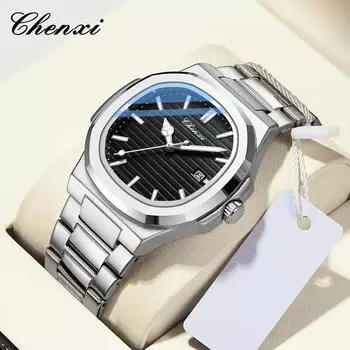 Chenxi Мужские кварцевые часы класса люкс из нержавеющей стали наручные часы водонепроницаемые светящиеся мужские часы дата часы подарок Reloj Hombre серебряный/синий