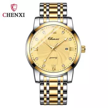 Chenxi мужские новые стальные календари водонепроницаемые деловые модные светящиеся кварцевые часы серебряный