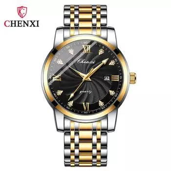 Chenxi Мужской Новый Стальной Календарь Бизнес Мода Светящиеся Кварцевые Часы серебряный