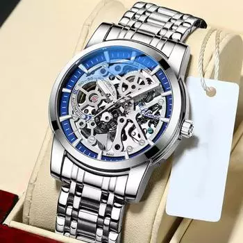 CHENXI New Men Automatic Mechanical Skeleton Watch Luxury Business Stainless Steel Waterproof Hollow Dial Male Wristwatch серебряный/синий