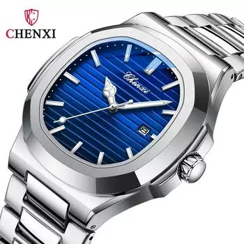 Chenxi Роскошные наручные часы из нержавеющей стали кварцевые водонепроницаемые светящиеся мужские часы Reloj Hombre серебряный/синий