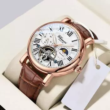 Chenxi Скелетон Автоматические механические наручные часы с фазами Луны Роскошные полые часы с турбийоном для мужчин с кожаным ремешком и деловыми часами коричневый/белый