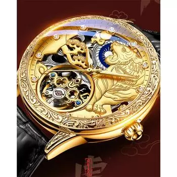 Chenxi Винтажные наручные часы с кожаным ремешком, роскошные мужские механические часы с турбийоном, великолепные автоматические часы с резным узором в виде полого скелета золотой