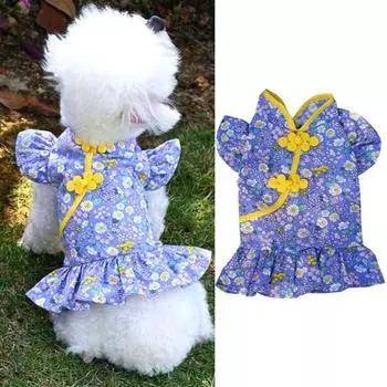 Cheongsam с цветочным принтом и пряжкой для домашних животных, дышащая юбка для щенков, жилет для домашних животных 2XL фиолетовый