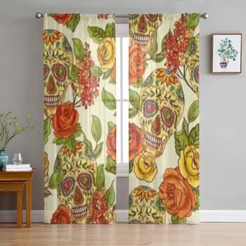 Череп, бриллиант и цветы, бесшовный фон, шифоновые прозрачные шторы для гостиной, спальни, декор, оконная вуаль, тюлевая занавеска 135W x 114H(cm)
