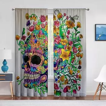 Череп Цветочный Скелет Красочные Цветы Прозрачная Вуаль Занавеска для Гостиной Спальня Пелерина Кухонное Окно Шифоновая Тюлевая Занавеска 1 PCS W100XH250cm&Rod Pocket