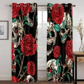 Череп и роза цветут смерть очарование цветы 3D цифровая печать занавеска гостиная балкон дом уединение слабое затенение занавеска ткань W50xH130(CM)x2pcs&Hook красный