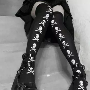 Череп Летучая мышь Готика Темные Длинные Сексуальные Чулки Женщины Паук Харадзюку Эмо Альтернативные Колготки Нижнее Белье Кожа Бедро Высокие Подвязки Чулочно-носочные Изделия One Size чёрный