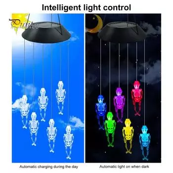 Череп перезвона ветра лампа с датчиком света автоматическое включение/выключение IP55 водонепроницаемый солнечный череп перезвон ветра Хэллоуин вечерние подвесные украшения A