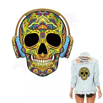 Череп с наушниками, гладильные нашивки, футболка, украшение «сделай сам», моющиеся парчи A-уровня для одежды
