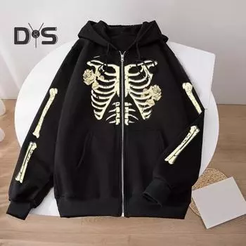 Череп с принтом на молнии и планкой с капюшоном, пальто для женщин и мужчин, с капюшоном и шнурком, с длинными рукавами, карманами, куртка, пальто в стиле хип-хоп, свободная толстовка, пальто XL чёрный
