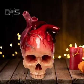 Череп Сердце Статуэтка Жуткий в натуральную величину Череп Смола Статуя Скульптура Хэллоуин Домашний Офис Настольный Книжная Полка Украшение Орнамент Фестиваль Подарок A